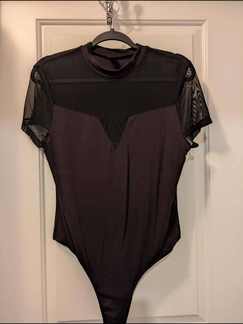 SHEIN Black Sheer Mesh Panel Short Sleeve Bodysuit
